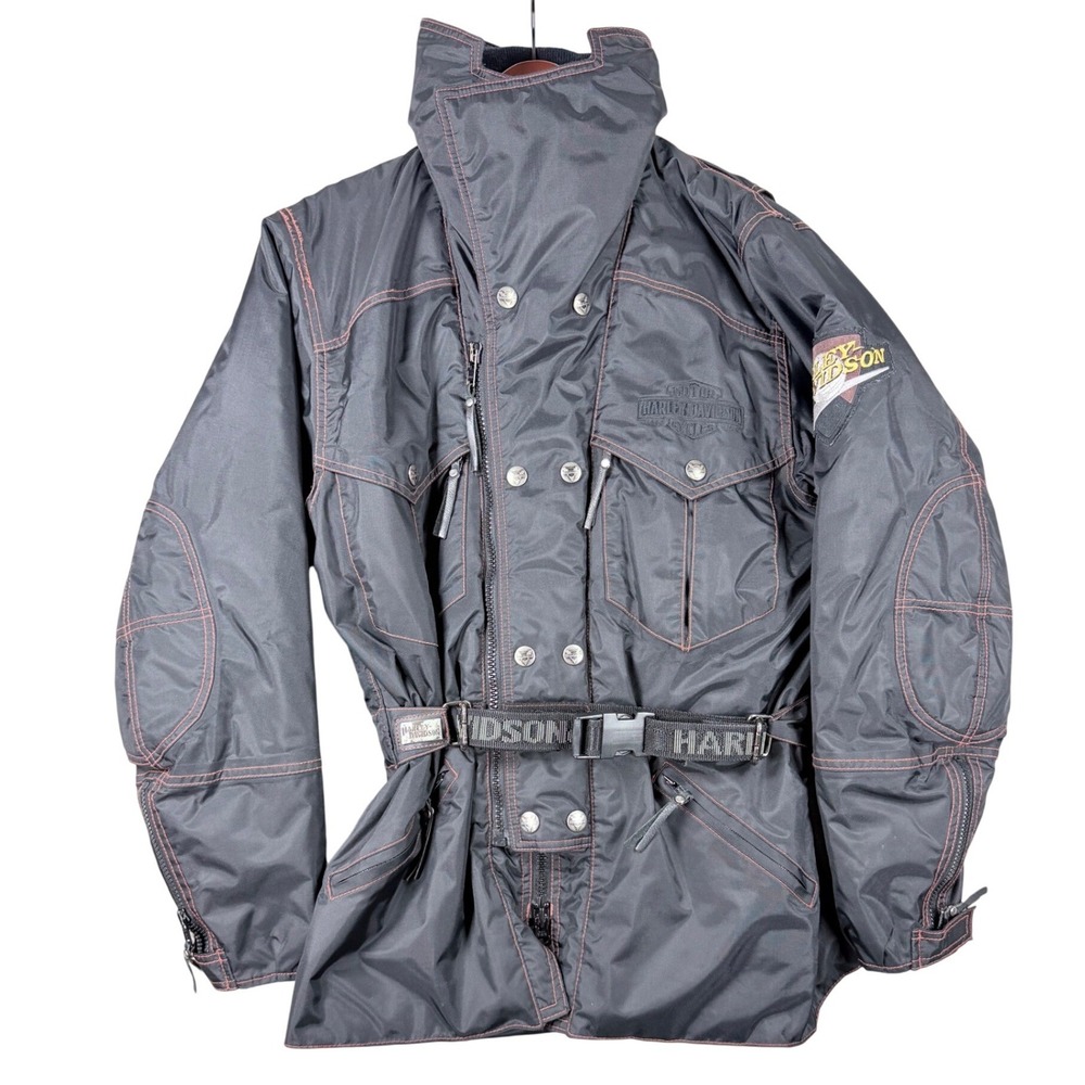 Harley Davidson Mens XS Black PVC Coated Nylon Belted Motorcycle Riding Jacket